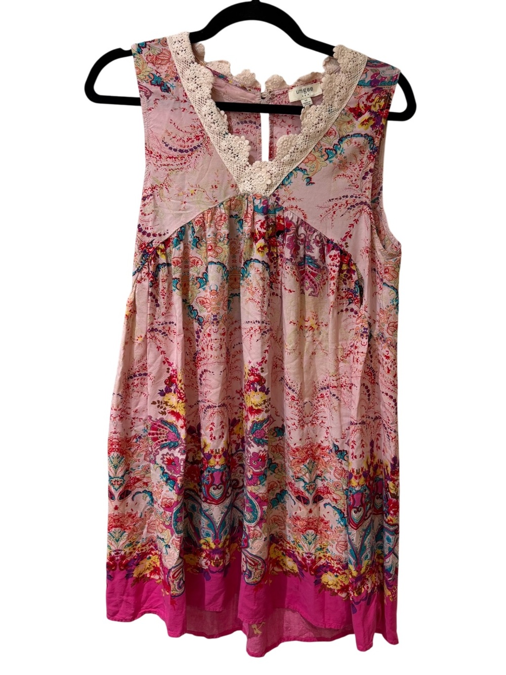 Umgee Pink Paisley Crochet-Trim Sleeveless Mini Dress
